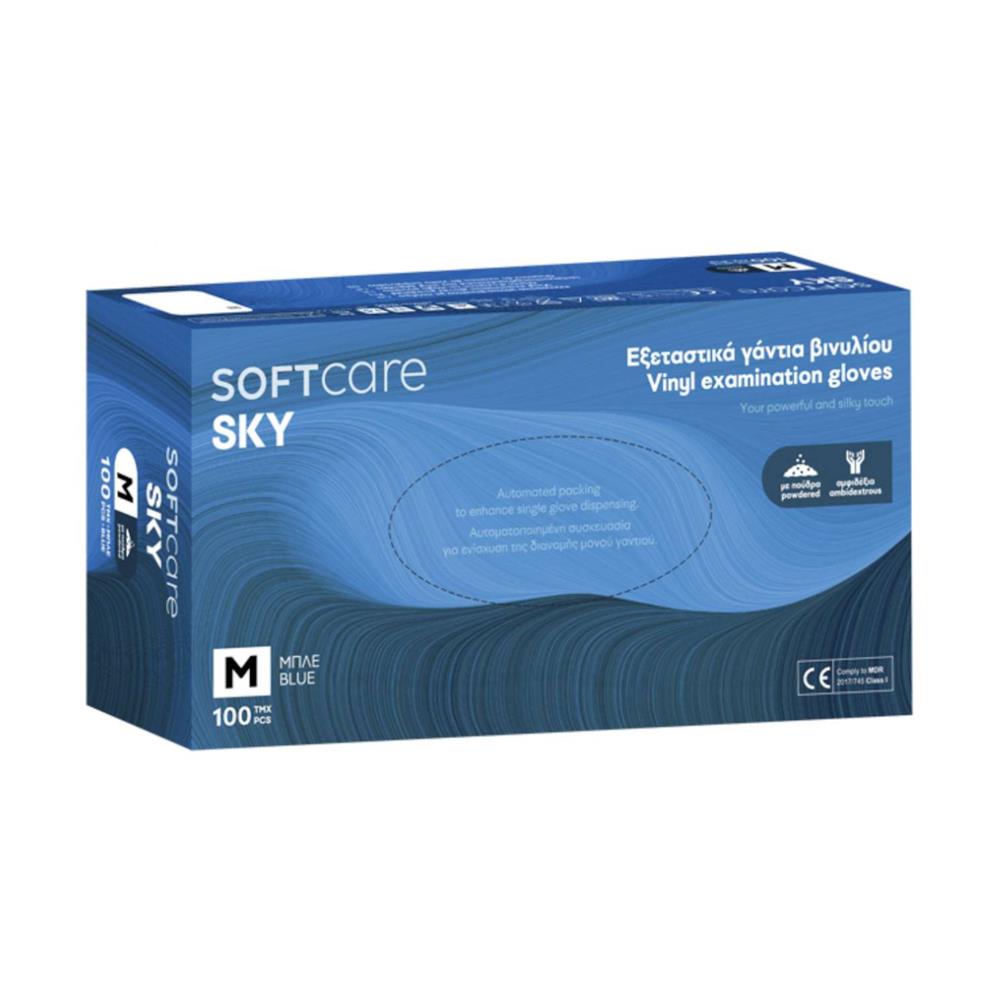 Γάντια Βινυλίου Μπλε με πούδρα Soft Care SKY Large (100άδα)