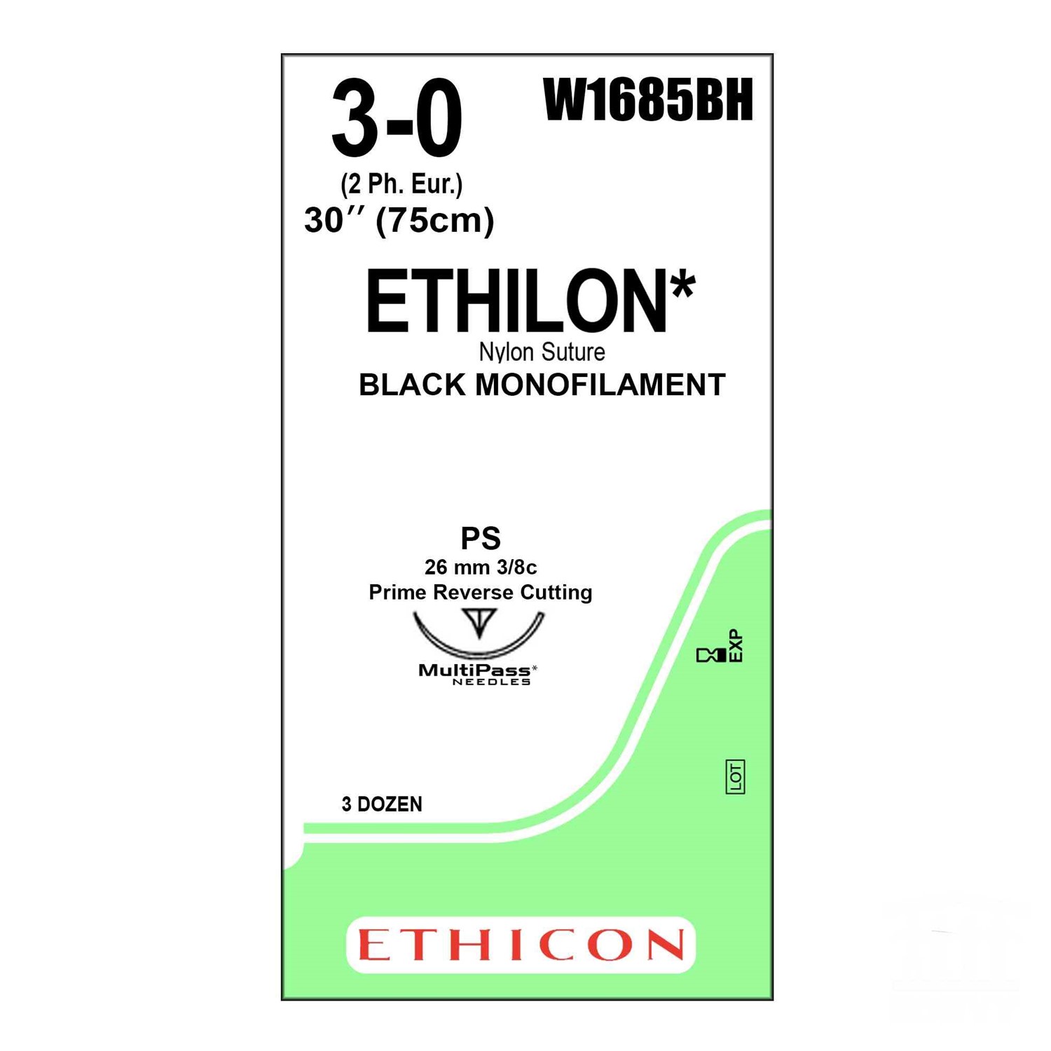 Ράμμα Ethilon No 3/0 με βελόνα 26mm Αντ. Κόπτουσα Πλαστικής P Multipass 3/8 κύκλου, μήκος ράμματος 75cm