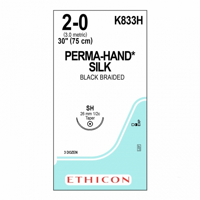 J&J Ethicon Mersilk suture, No 2/0, with 26mm tapper point needle, 1/2c, 75cm length