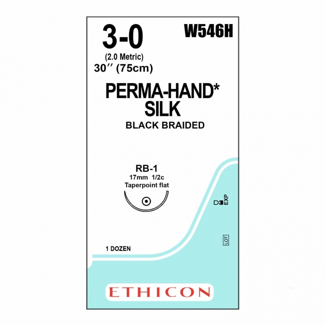J&J Ethicon Mersilk suture, No 3/0, with 17mm tapper point needle, 1/2c, 75cm length
