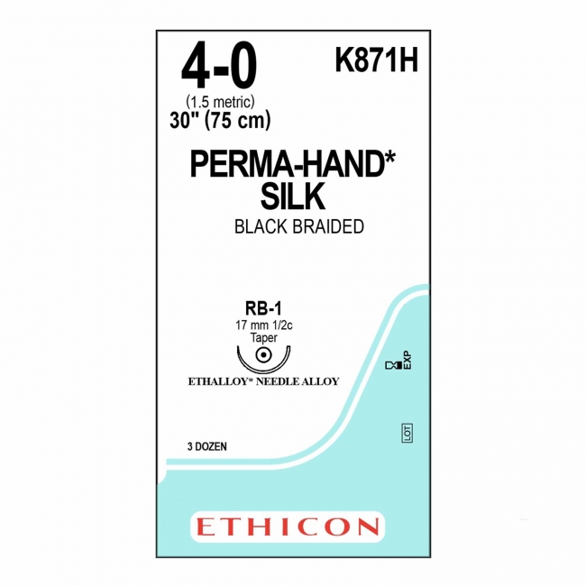 J&J Ethicon Mersilk suture, No 4/0, with 17mm round bodied needle, 1/2c, 75cm length