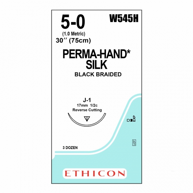 J&J Ethicon Mersilk suture No 5/0, with 17mm reverse cutting needle, 1/2c, 75cm length